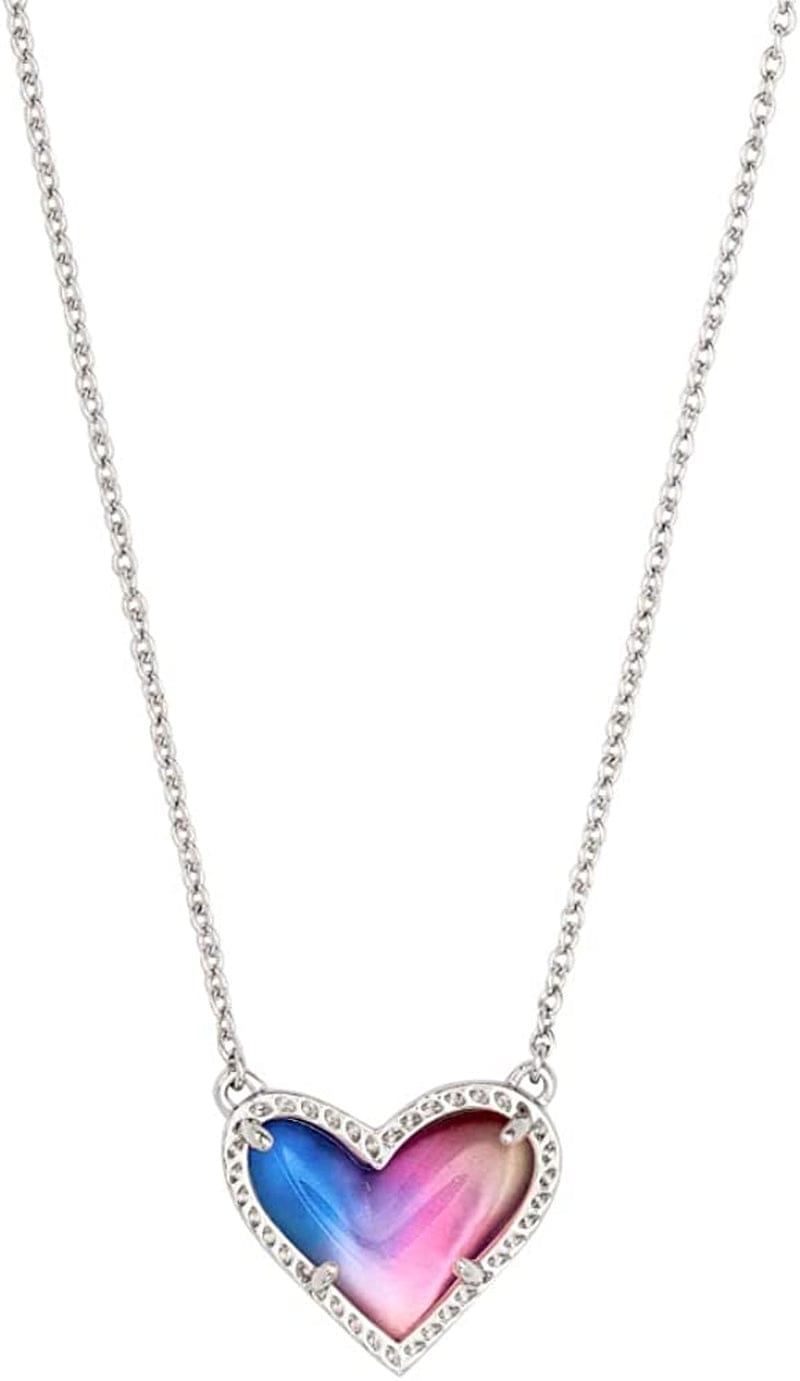 Ari Heart Adjustable Length Pendant Necklace for Women, Fashion Jewelry RHODIUM - WATERCOLOR PEARLIZED CLEAR GLASS
