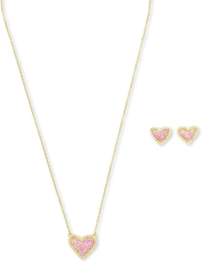 Ari Heart Necklace & Earrings Gift Set GOLD - LIGHT PINK OPAL