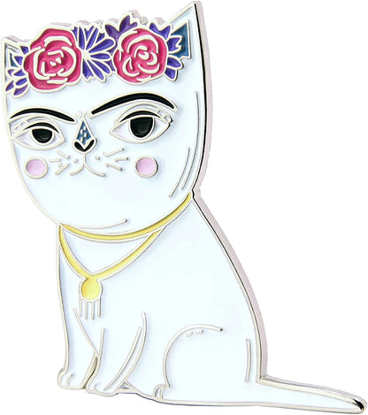 Art History Cat Enamel Lapel Pin 1.25" Frida Kahlo Style