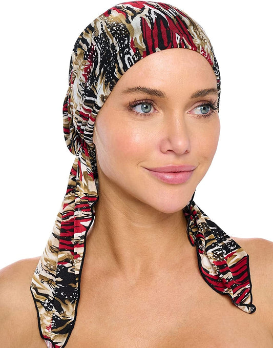 Ashford & Brooks Pre Tied Bandana Turban Chemo Head Scarf Sleep Hair Cover Hat Apparel & Accessories > Clothing Accessories > Bandanas & Headties Ashford & Brooks Abstract Black/Burgundy/Tan One Size 