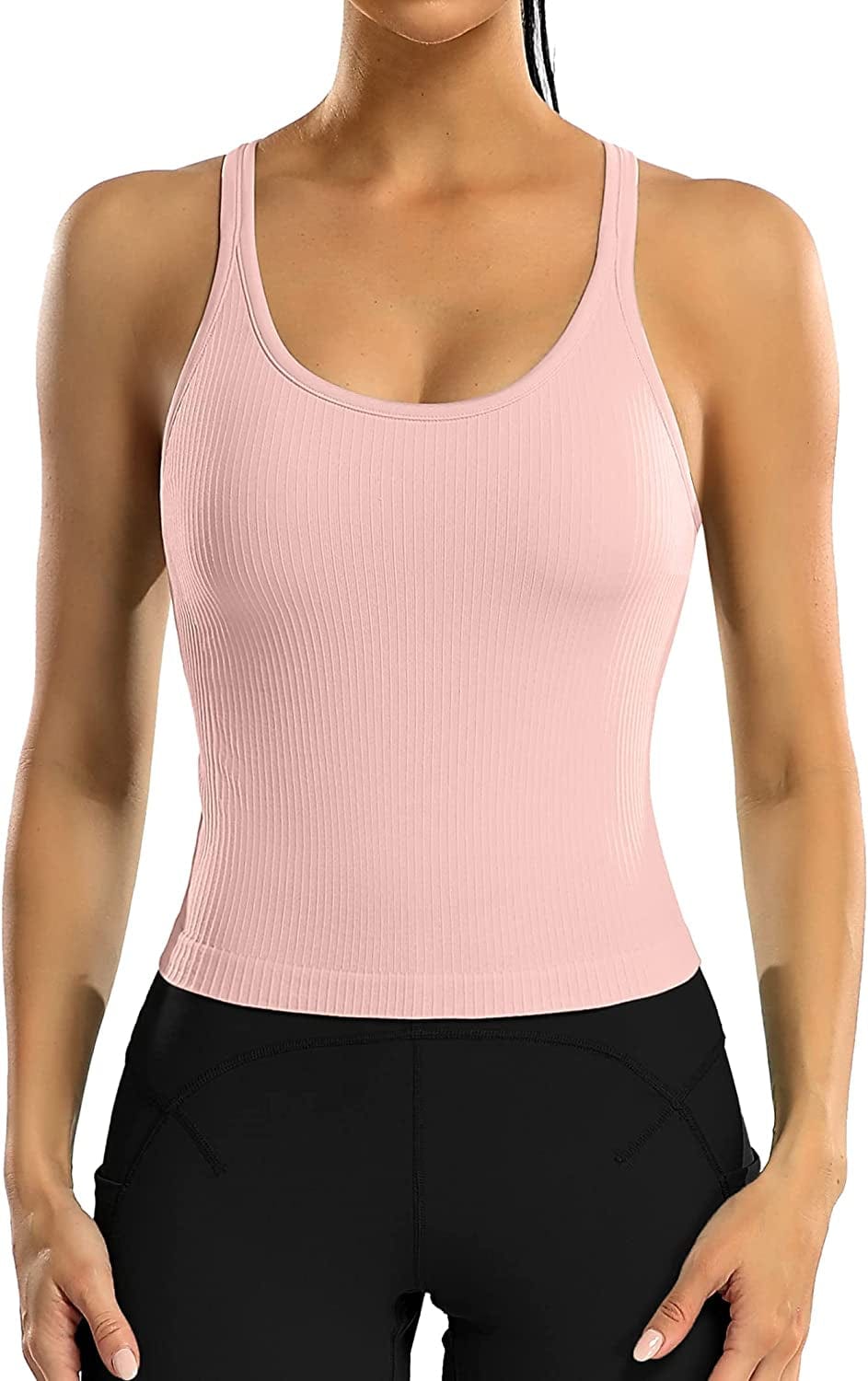 ATTRACO Women Ribbed Workout Crop Tops with Built in Bra Yoga Racerback Tank Top Tight Fit Pink / 8