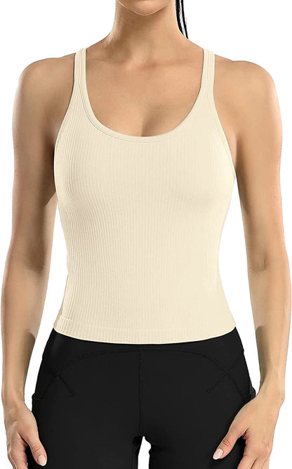 ATTRACO Women Ribbed Workout Crop Tops with Built in Bra Yoga Racerback Tank Top Tight Fit Beige / 6