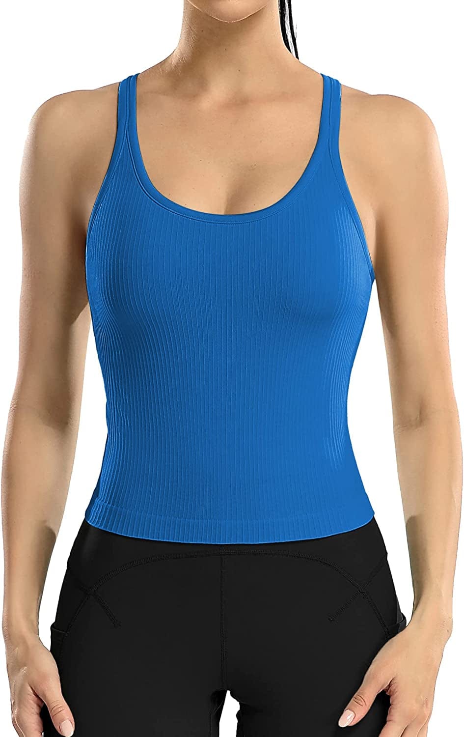 ATTRACO Women Ribbed Workout Crop Tops with Built in Bra Yoga Racerback Tank Top Tight Fit Royal Blue / 6
