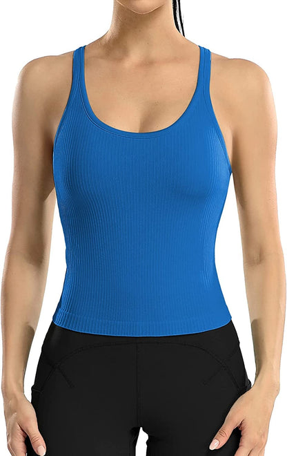 ATTRACO Women Ribbed Workout Crop Tops with Built in Bra Yoga Racerback Tank Top Tight Fit Royal Blue / 6