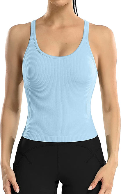 ATTRACO Women Ribbed Workout Crop Tops with Built in Bra Yoga Racerback Tank Top Tight Fit Blue / 6
