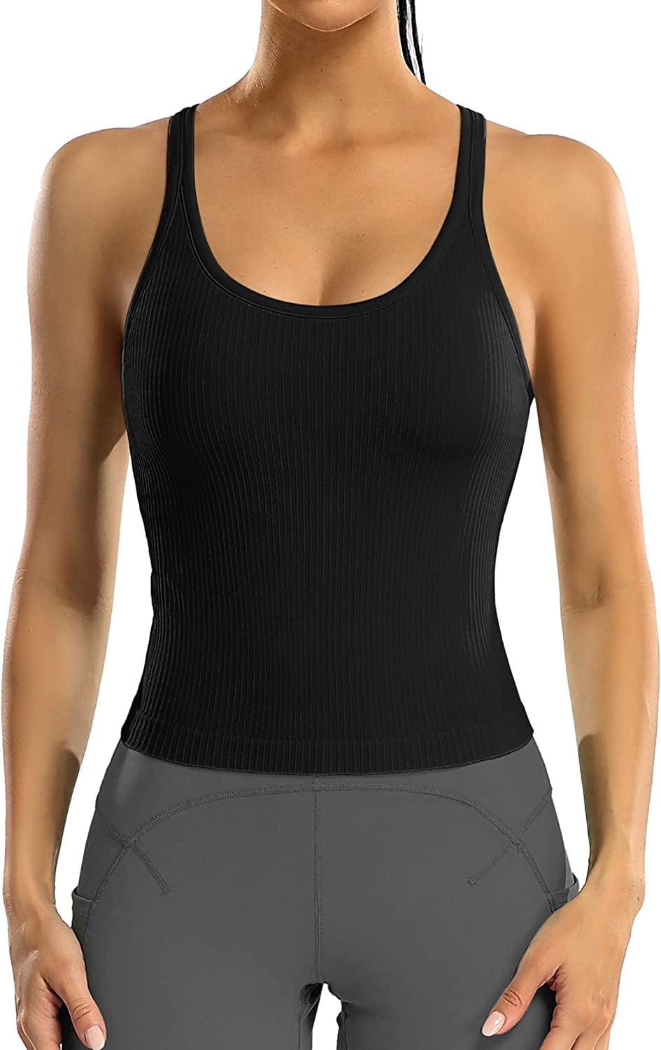ATTRACO Women Ribbed Workout Crop Tops with Built in Bra Yoga Racerback Tank Top Tight Fit Black / 8
