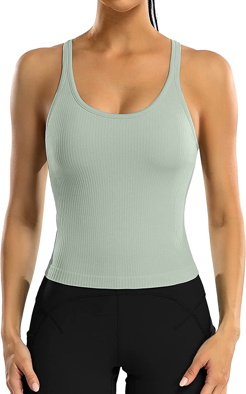ATTRACO Women Ribbed Workout Crop Tops with Built in Bra Yoga Racerback Tank Top Tight Fit Light Green / 10