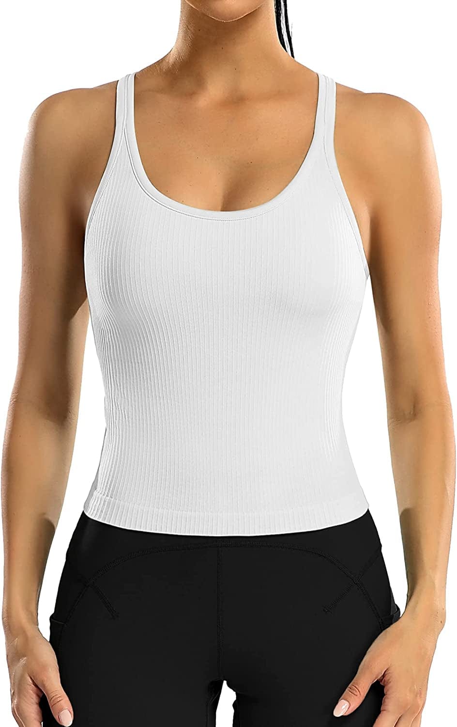 ATTRACO Women Ribbed Workout Crop Tops with Built in Bra Yoga Racerback Tank Top Tight Fit White / 8
