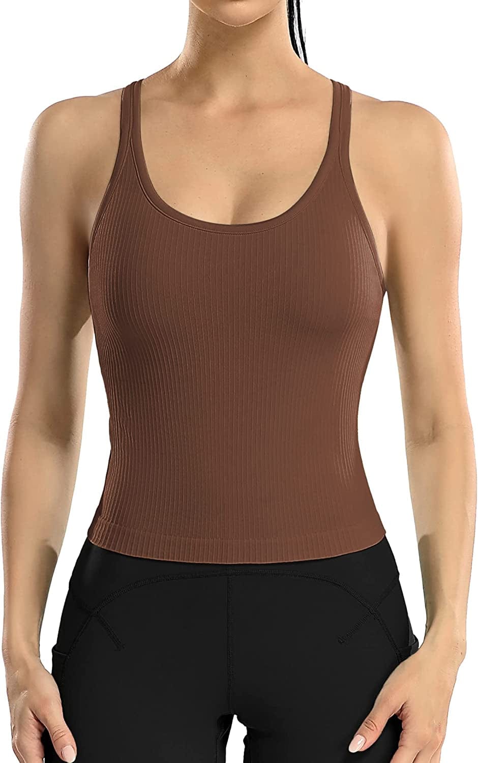 ATTRACO Women Ribbed Workout Crop Tops with Built in Bra Yoga Racerback Tank Top Tight Fit Coffee Brown / 6