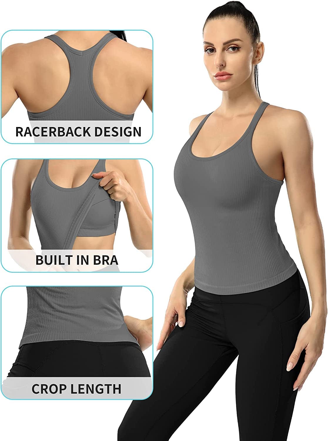ATTRACO Women Ribbed Workout Crop Tops with Built in Bra Yoga Racerback Tank Top Tight Fit