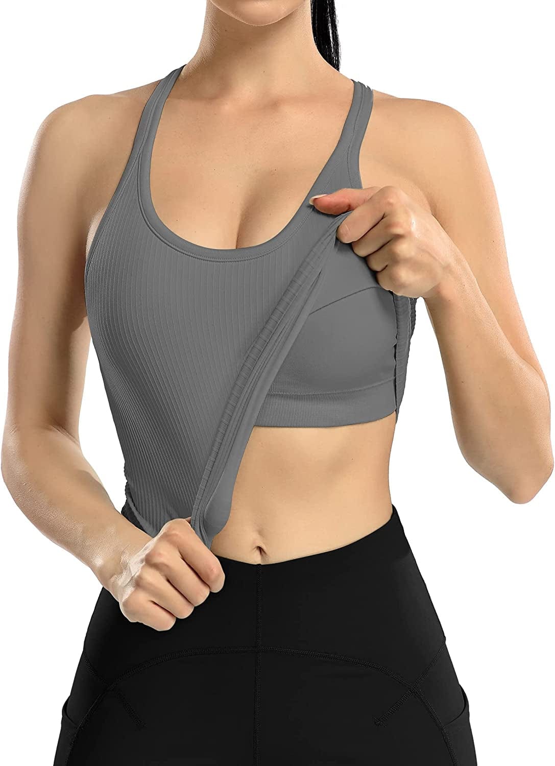 ATTRACO Women Ribbed Workout Crop Tops with Built in Bra Yoga Racerback Tank Top Tight Fit
