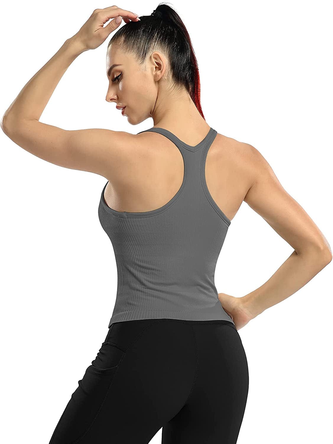 ATTRACO Women Ribbed Workout Crop Tops with Built in Bra Yoga Racerback Tank Top Tight Fit