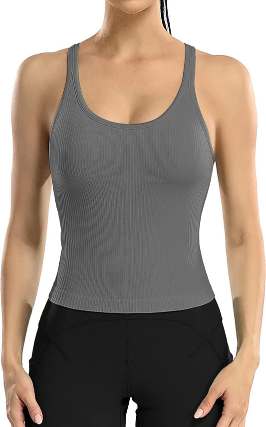 ATTRACO Women Ribbed Workout Crop Tops with Built in Bra Yoga Racerback Tank Top Tight Fit Dark Gray / 4