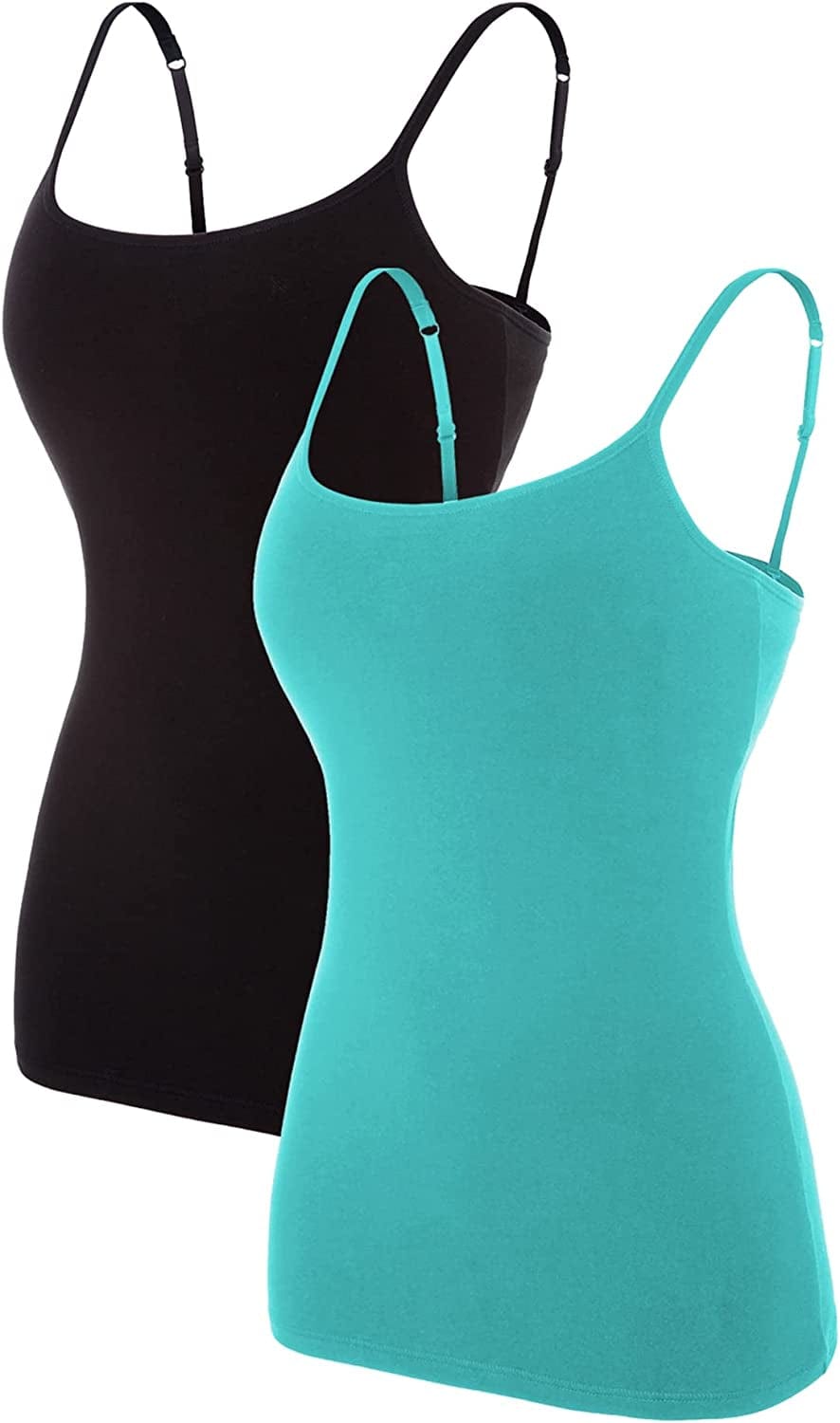 ATTRACO Women'S Cotton Camisole Shelf Bra Spaghetti Straps Tank Top 2 Packs Aqua/Black / XX-Large