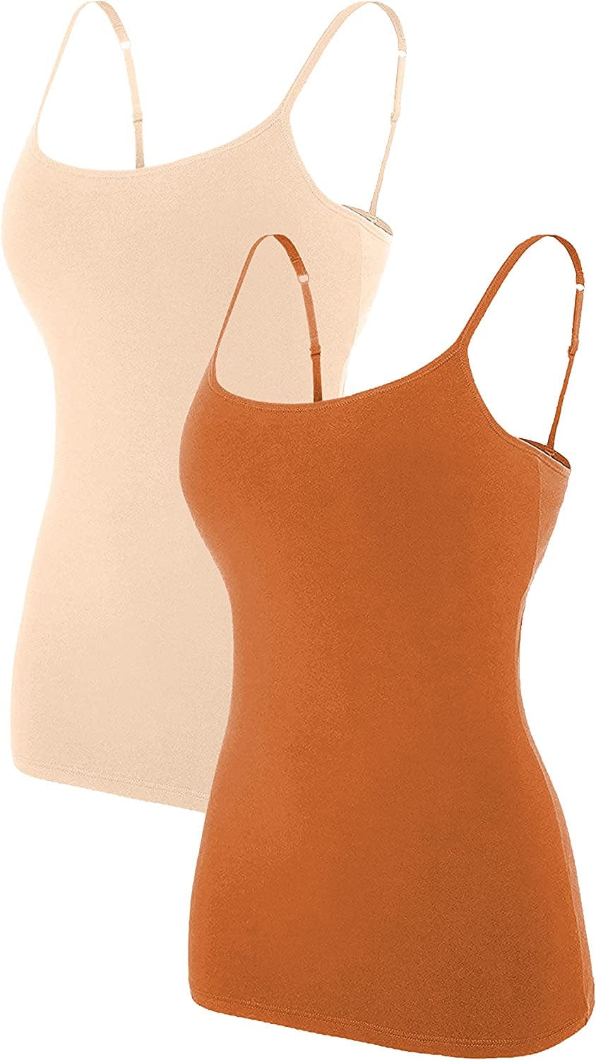 ATTRACO Women'S Cotton Camisole Shelf Bra Spaghetti Straps Tank Top 2 Packs Nude/Terracotta / Medium