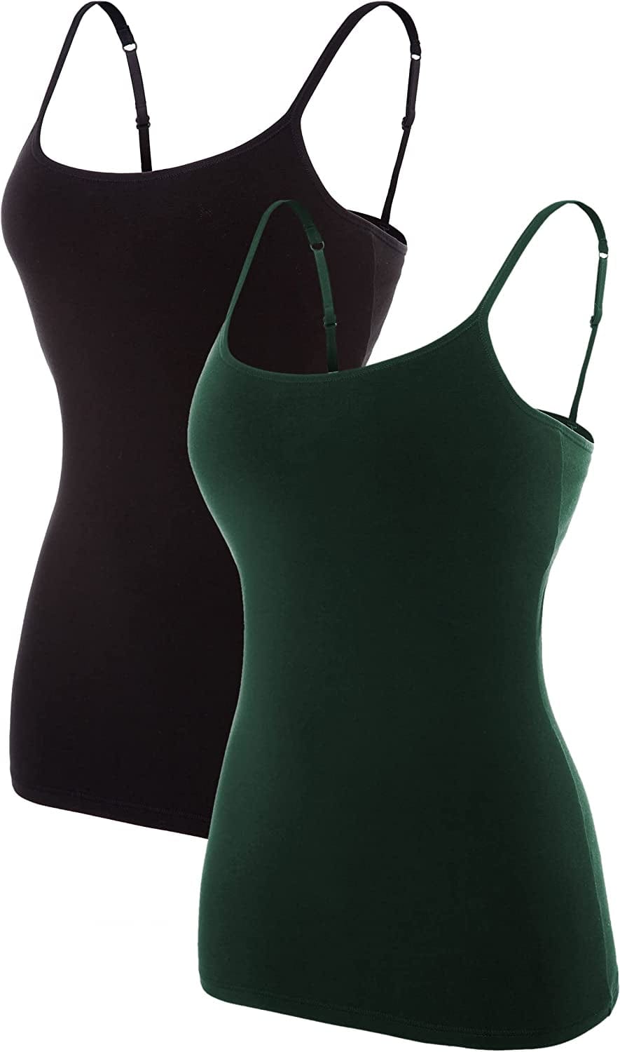 ATTRACO Women'S Cotton Camisole Shelf Bra Spaghetti Straps Tank Top 2 Packs Black/ Green / XX-Large