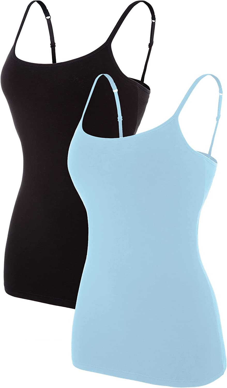 ATTRACO Women'S Cotton Camisole Shelf Bra Spaghetti Straps Tank Top 2 Packs Blue/Black / Small