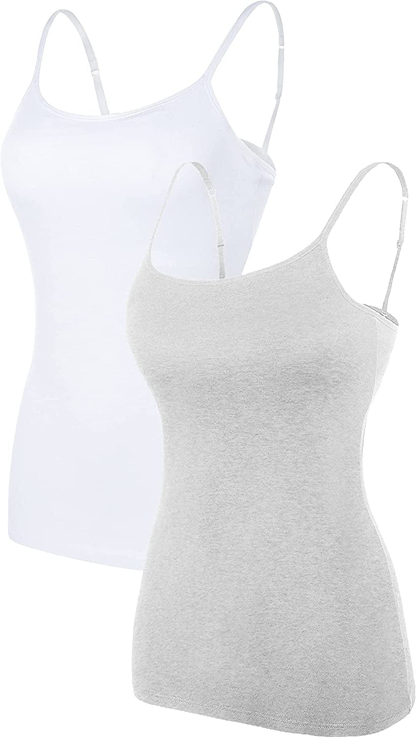 ATTRACO Women'S Cotton Camisole Shelf Bra Spaghetti Straps Tank Top 2 Packs White/Light Gray / Small