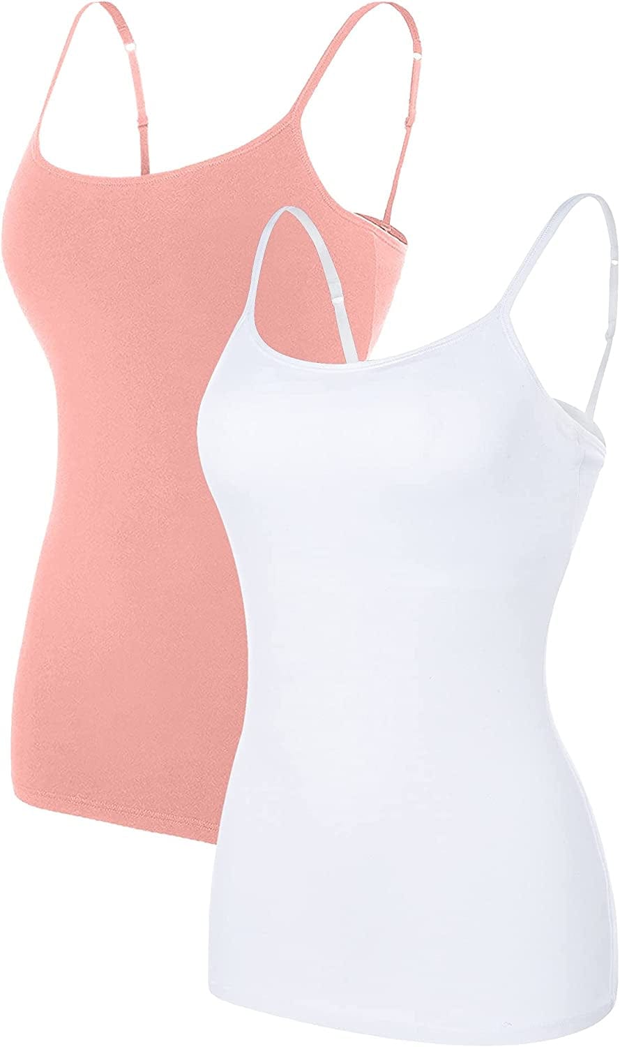 ATTRACO Women'S Cotton Camisole Shelf Bra Spaghetti Straps Tank Top 2 Packs Coral Pink/White / Small