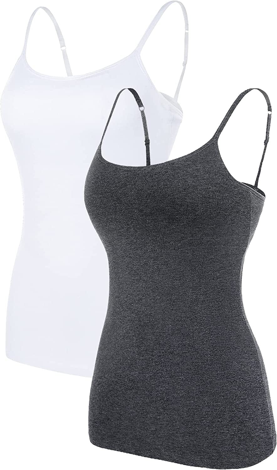 ATTRACO Women'S Cotton Camisole Shelf Bra Spaghetti Straps Tank Top 2 Packs White/ Grey / Medium