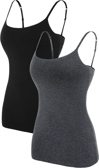 ATTRACO Women'S Cotton Camisole Shelf Bra Spaghetti Straps Tank Top 2 Packs Black/Gray / X-Large