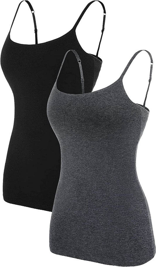 ATTRACO Women'S Cotton Camisole Shelf Bra Spaghetti Straps Tank Top 2 Packs Black/Gray / X-Large