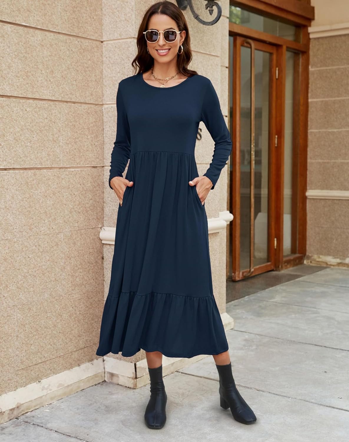Auhoot Long Sleeve Fall Dresses for Women 2023 round Neck Tshirt Dress Casual Flowy Ruffle Tiered Maxi Dress with Pockets