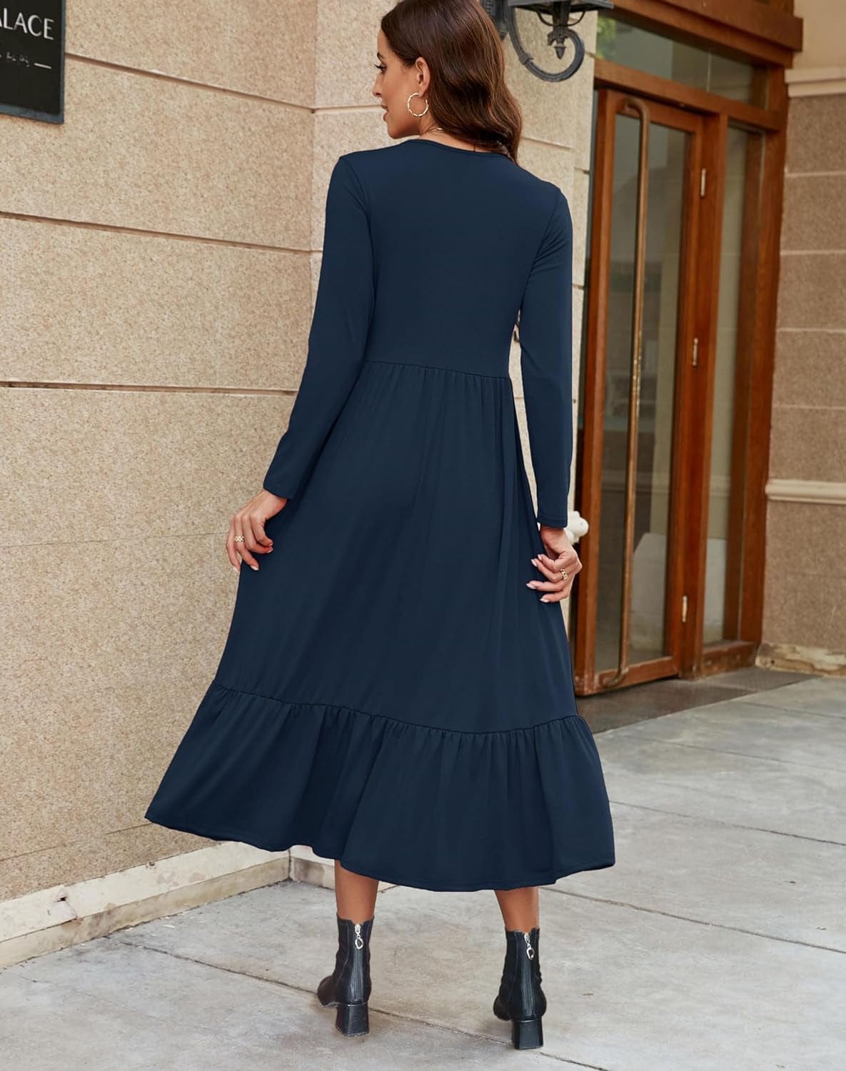 Auhoot Long Sleeve Fall Dresses for Women 2023 round Neck Tshirt Dress Casual Flowy Ruffle Tiered Maxi Dress with Pockets