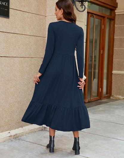 Auhoot Long Sleeve Fall Dresses for Women 2023 round Neck Tshirt Dress Casual Flowy Ruffle Tiered Maxi Dress with Pockets