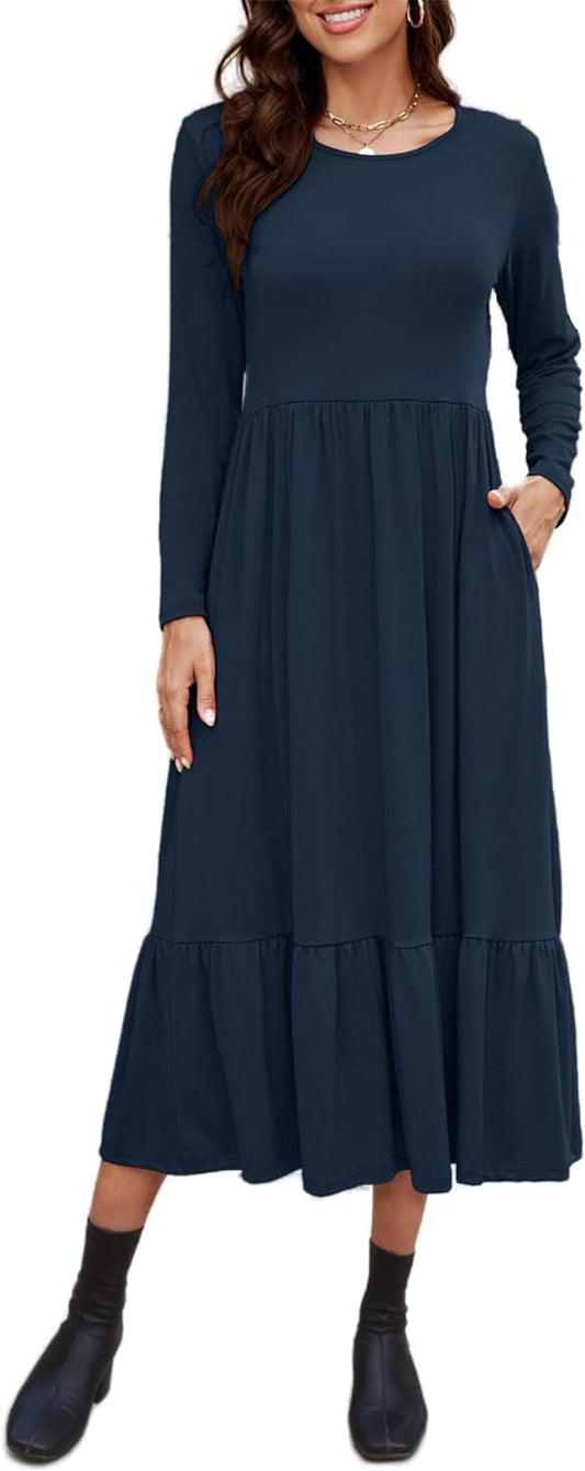 Auhoot Long Sleeve Fall Dresses for Women 2023 round Neck Tshirt Dress Casual Flowy Ruffle Tiered Maxi Dress with Pockets