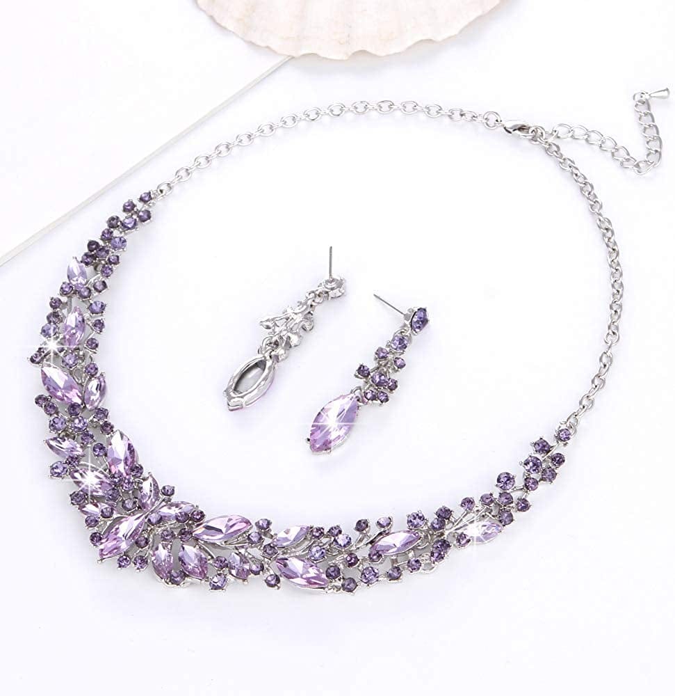 Austrian Crystal Rhinestone Bridal Wedding Necklace and Earrings Jewelry Sets for Women (Light Purple)