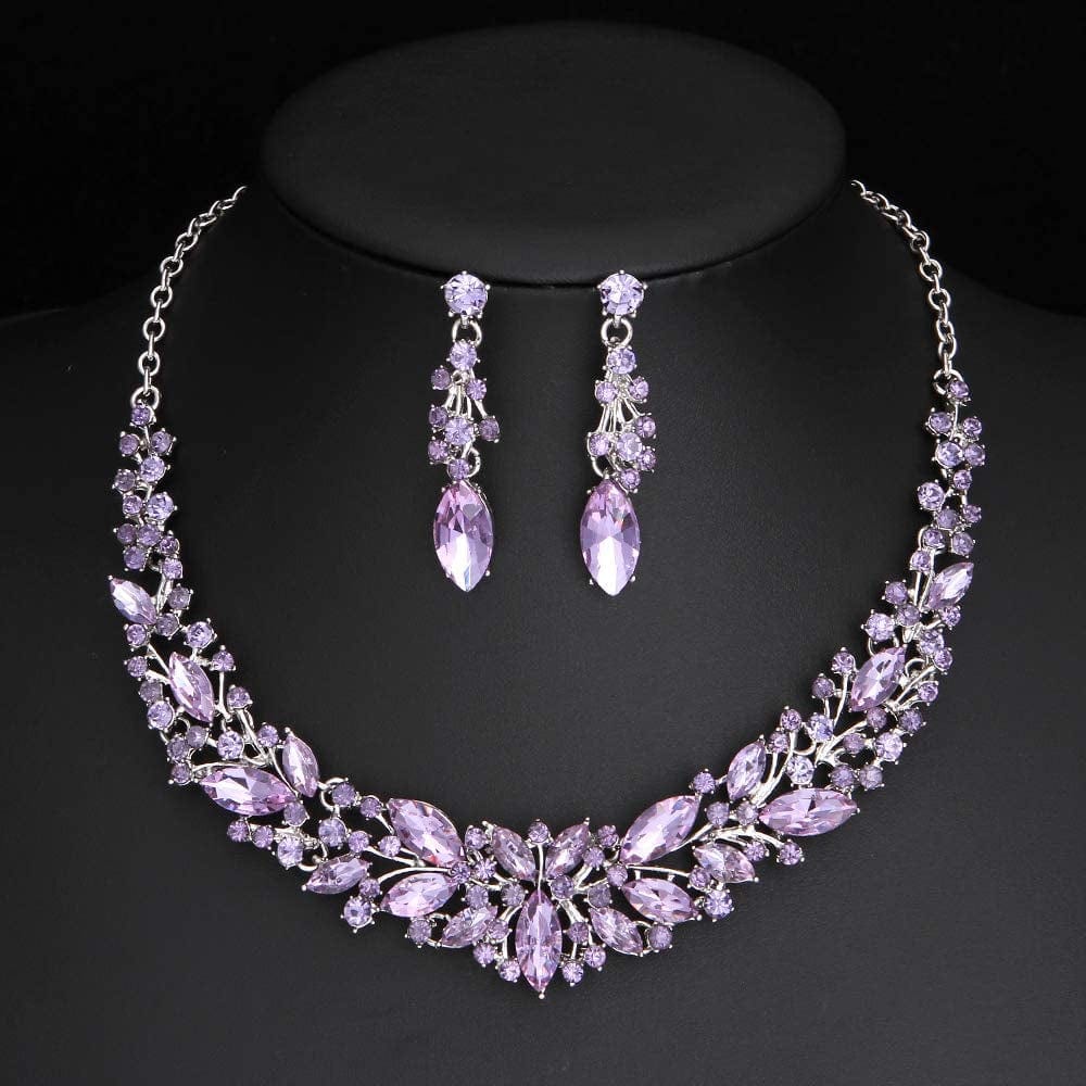 Austrian Crystal Rhinestone Bridal Wedding Necklace and Earrings Jewelry Sets for Women (Light Purple)