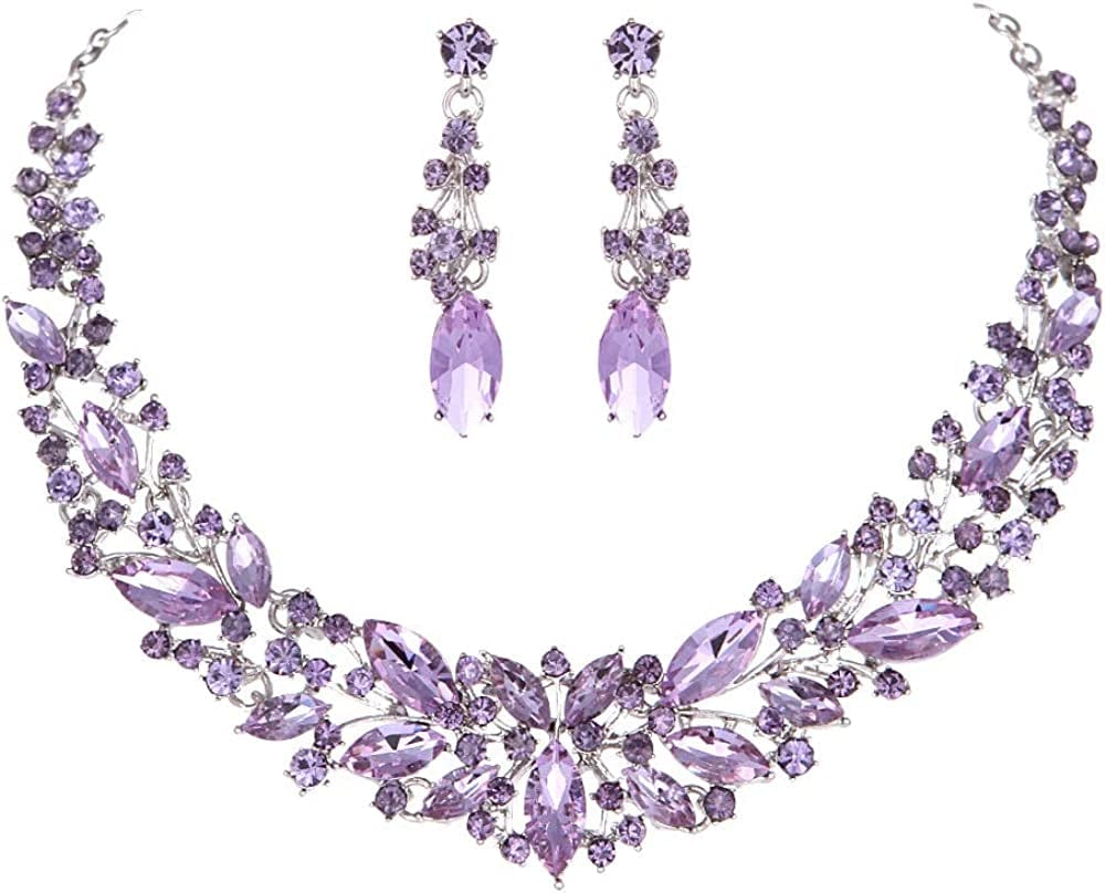 Austrian Crystal Rhinestone Bridal Wedding Necklace and Earrings Jewelry Sets for Women (Light Purple)