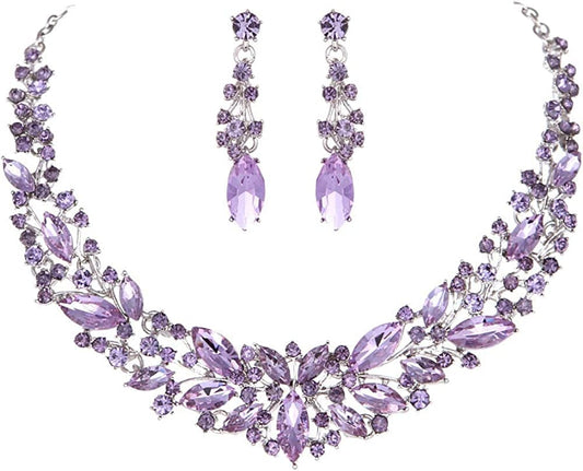 Austrian Crystal Rhinestone Bridal Wedding Necklace and Earrings Jewelry Sets for Women (Light Purple)