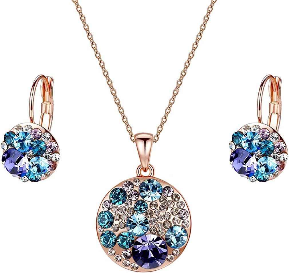 Austrian Crystals round Disc Pendant Necklace Earrings for Women 14K Gold Plated Hypoallergenic Jewelry Sets Purple Main Crystal/Rose Gold-tone