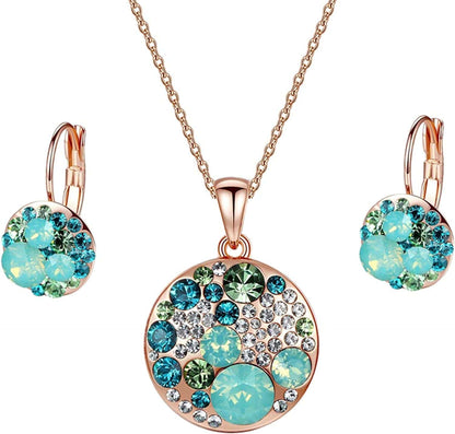 Austrian Crystals round Disc Pendant Necklace Earrings for Women 14K Gold Plated Hypoallergenic Jewelry Sets Green Main Crystal/Rose Gold-tone