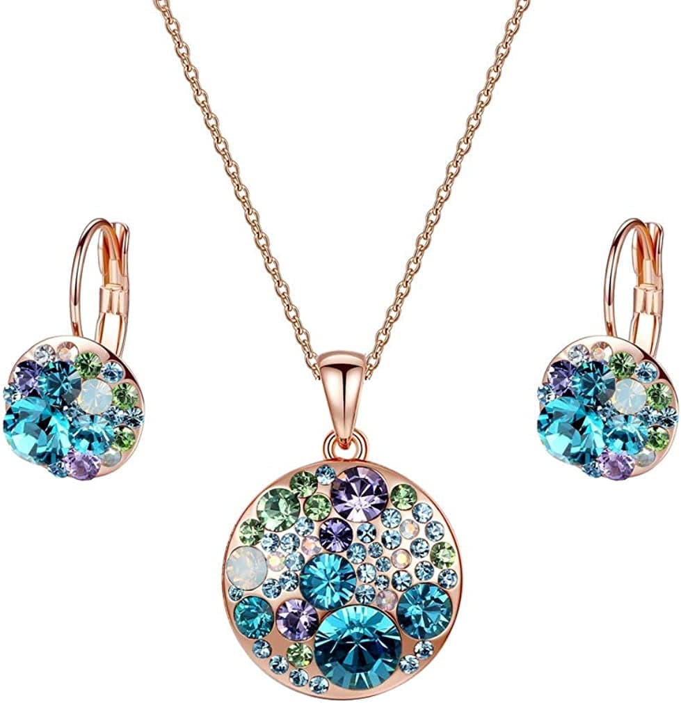 Austrian Crystals round Disc Pendant Necklace Earrings for Women 14K Gold Plated Hypoallergenic Jewelry Sets Blue Green Crystals/Rose Gold-tone