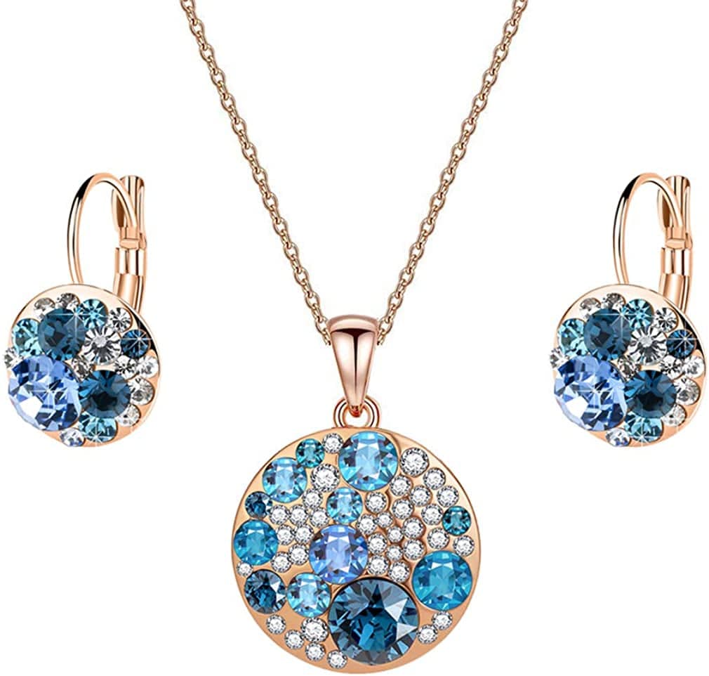 Austrian Crystals round Disc Pendant Necklace Earrings for Women 14K Gold Plated Hypoallergenic Jewelry Sets Blue Main Crystal/Rose Gold-tone