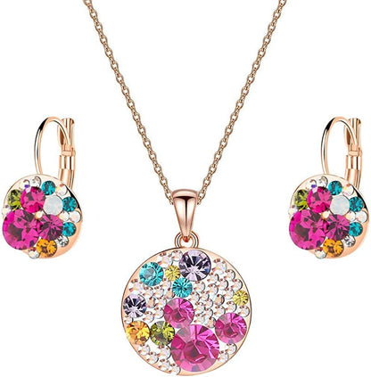Austrian Crystals round Disc Pendant Necklace Earrings for Women 14K Gold Plated Hypoallergenic Jewelry Sets Rose Main Crystal/Rose Gold-tone