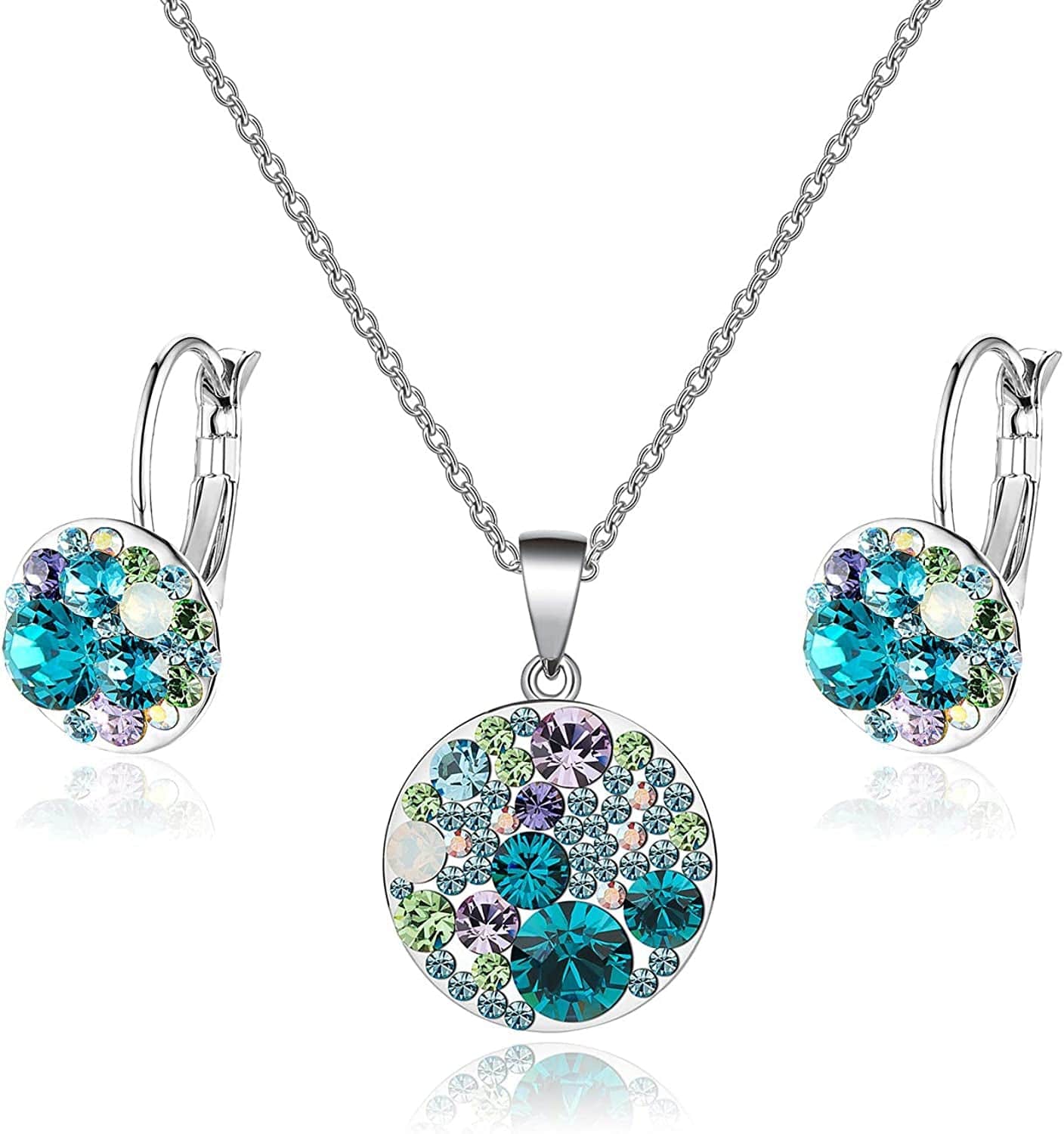 Austrian Crystals round Disc Pendant Necklace Earrings for Women 14K Gold Plated Hypoallergenic Jewelry Sets Blue Green Crystals/Silver-tone