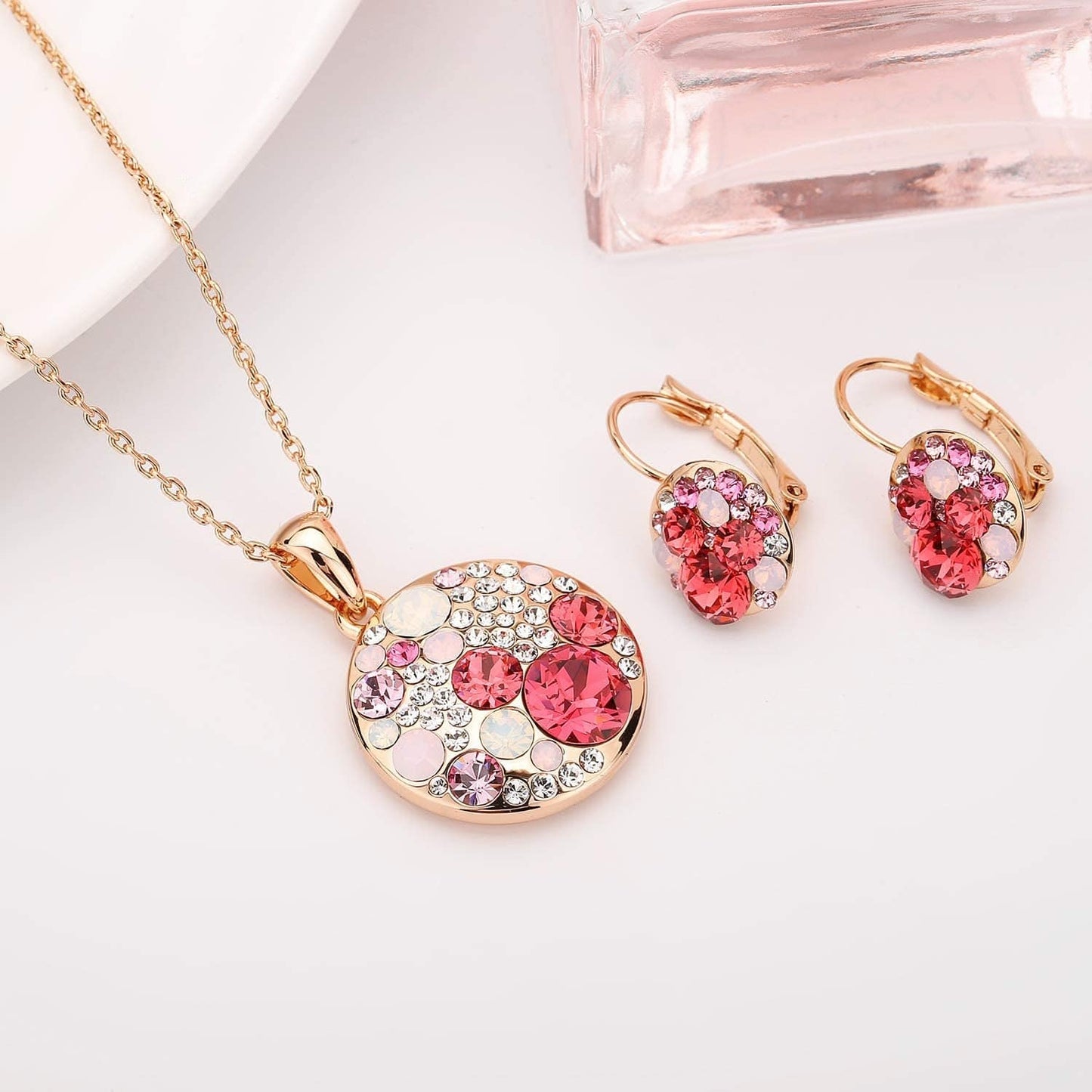 Austrian Crystals round Disc Pendant Necklace Earrings for Women 14K Gold Plated Hypoallergenic Jewelry Sets
