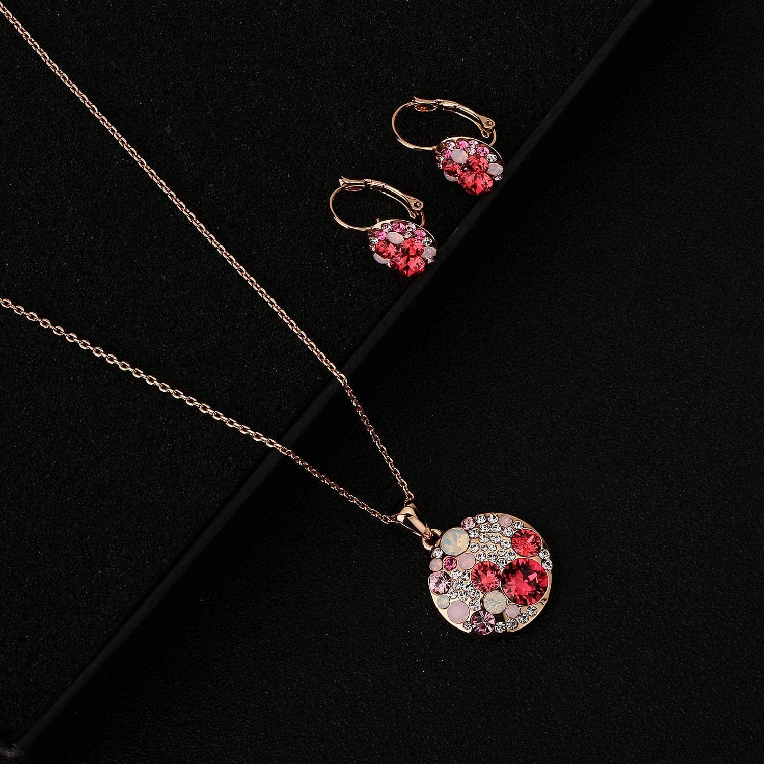 Austrian Crystals round Disc Pendant Necklace Earrings for Women 14K Gold Plated Hypoallergenic Jewelry Sets