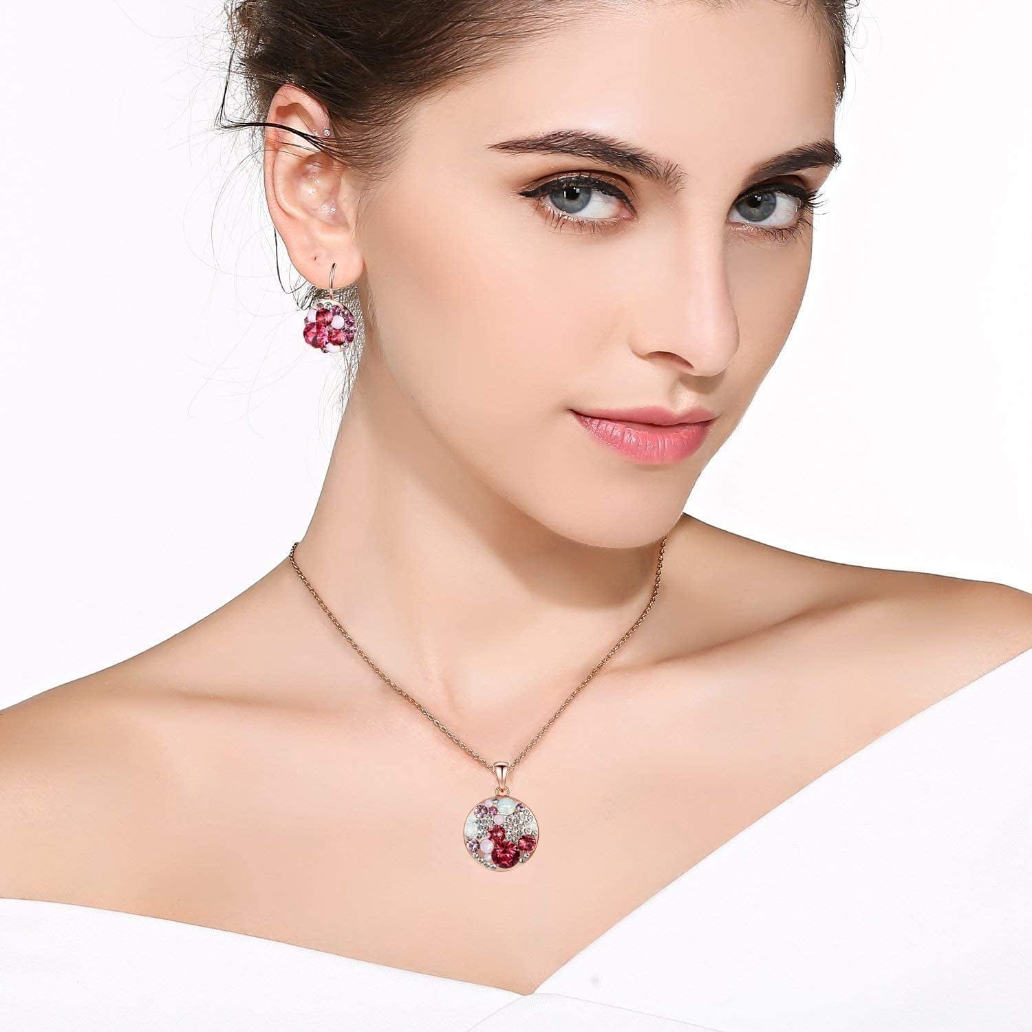 Austrian Crystals round Disc Pendant Necklace Earrings for Women 14K Gold Plated Hypoallergenic Jewelry Sets