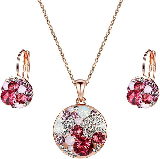 Austrian Crystals round Disc Pendant Necklace Earrings for Women 14K Gold Plated Hypoallergenic Jewelry Sets Pink Main Crystal/Rose Gold-tone