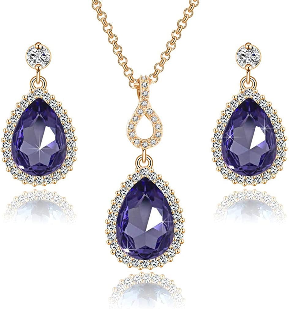 Austrian Crystals Teardrop Pendant Necklace Earrings for Women 14K Gold Plated Hypoallergenic Jewelry Set Tanzanite