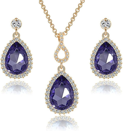 Austrian Crystals Teardrop Pendant Necklace Earrings for Women 14K Gold Plated Hypoallergenic Jewelry Set Tanzanite