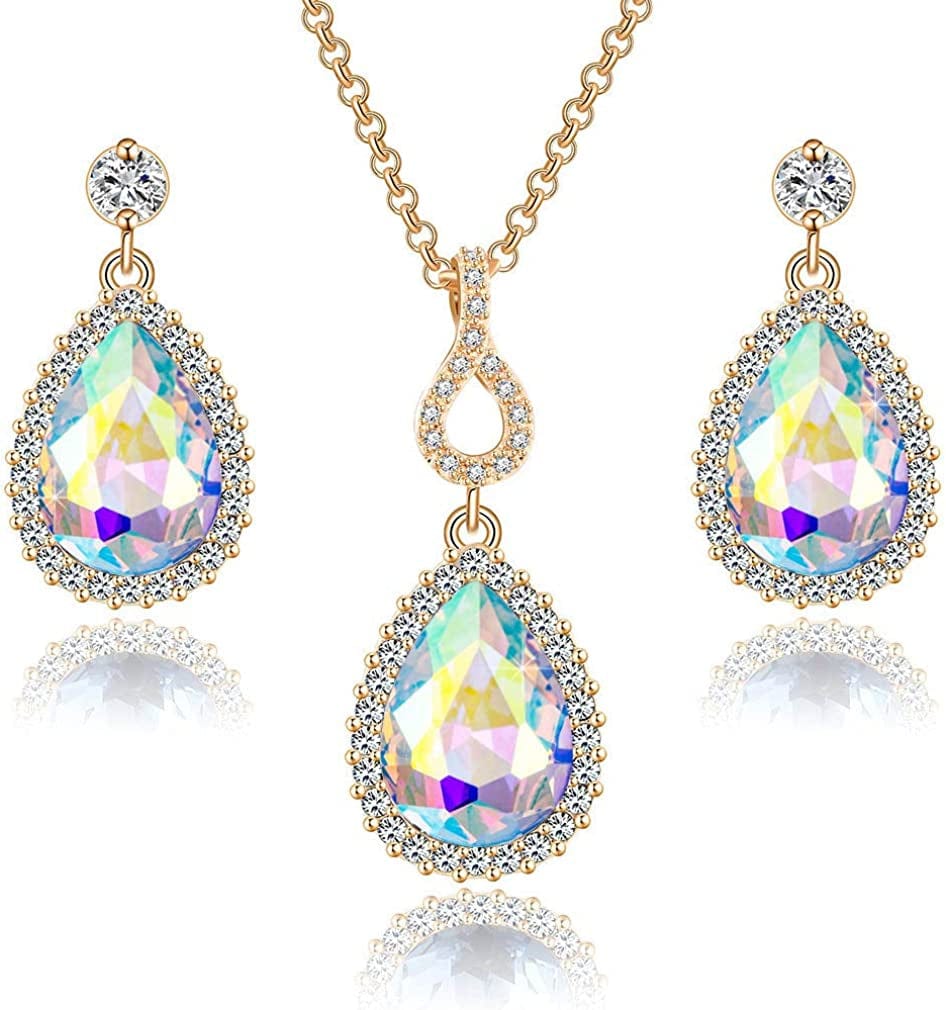 Austrian Crystals Teardrop Pendant Necklace Earrings for Women 14K Gold Plated Hypoallergenic Jewelry Set Aurora Borealis