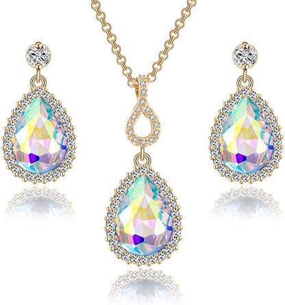 Austrian Crystals Teardrop Pendant Necklace Earrings for Women 14K Gold Plated Hypoallergenic Jewelry Set Aurora Borealis