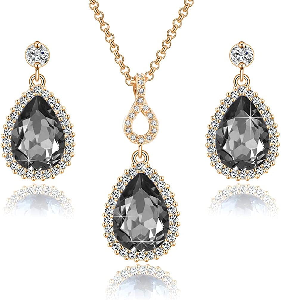 Austrian Crystals Teardrop Pendant Necklace Earrings for Women 14K Gold Plated Hypoallergenic Jewelry Set Black