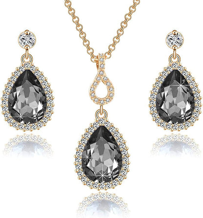 Austrian Crystals Teardrop Pendant Necklace Earrings for Women 14K Gold Plated Hypoallergenic Jewelry Set Black